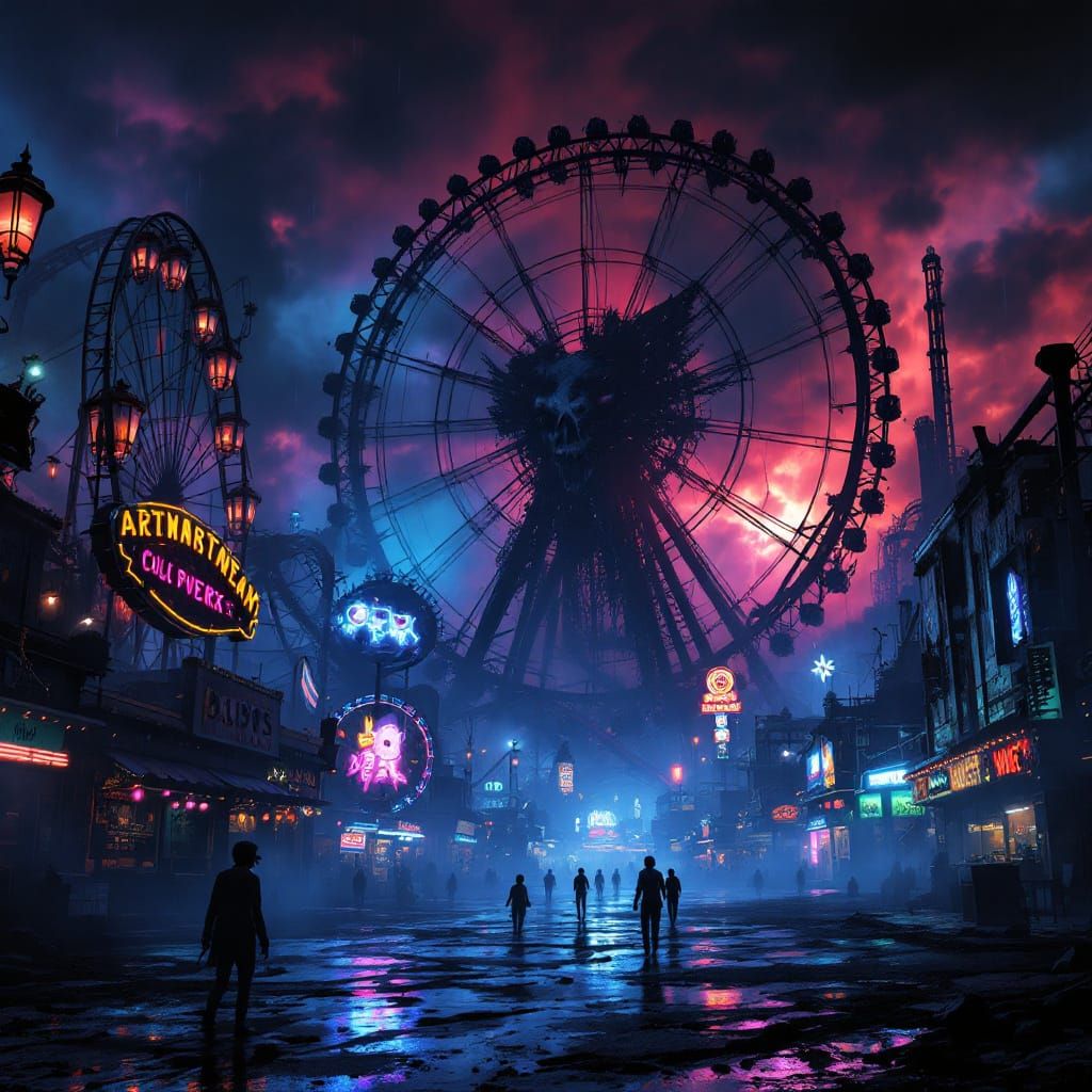 Dystopian Nightmare Amusement Park at Night