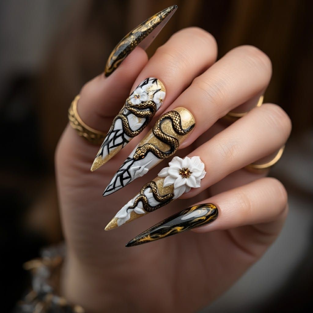 Serpent and Floral Nail Art in Art Deco Style
