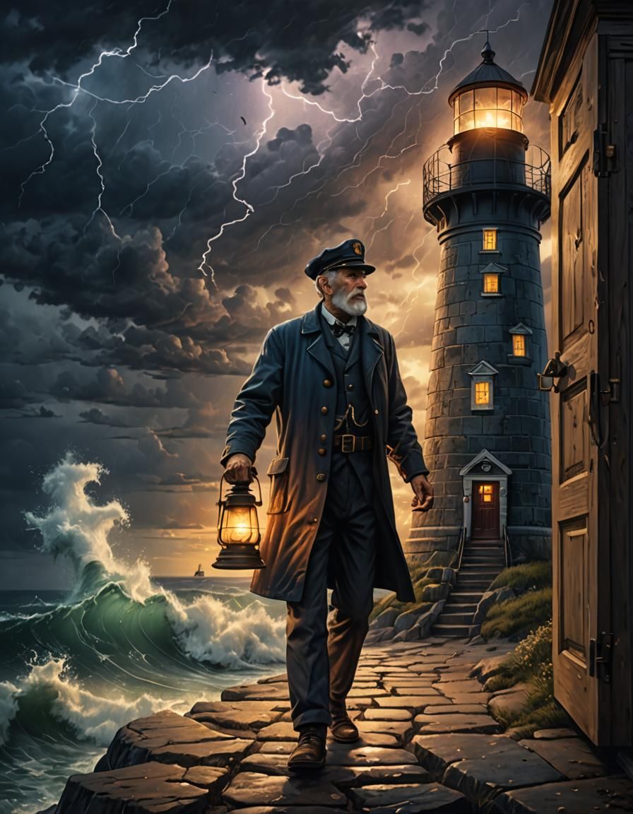 Lighthouse Keeper in Approaching Storm: Hyperrealistic Image