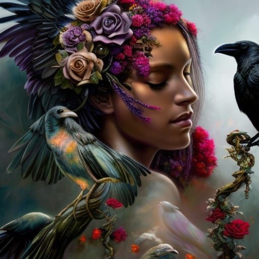 Statue with Raven and Roses: Dark Fantasy Illustration