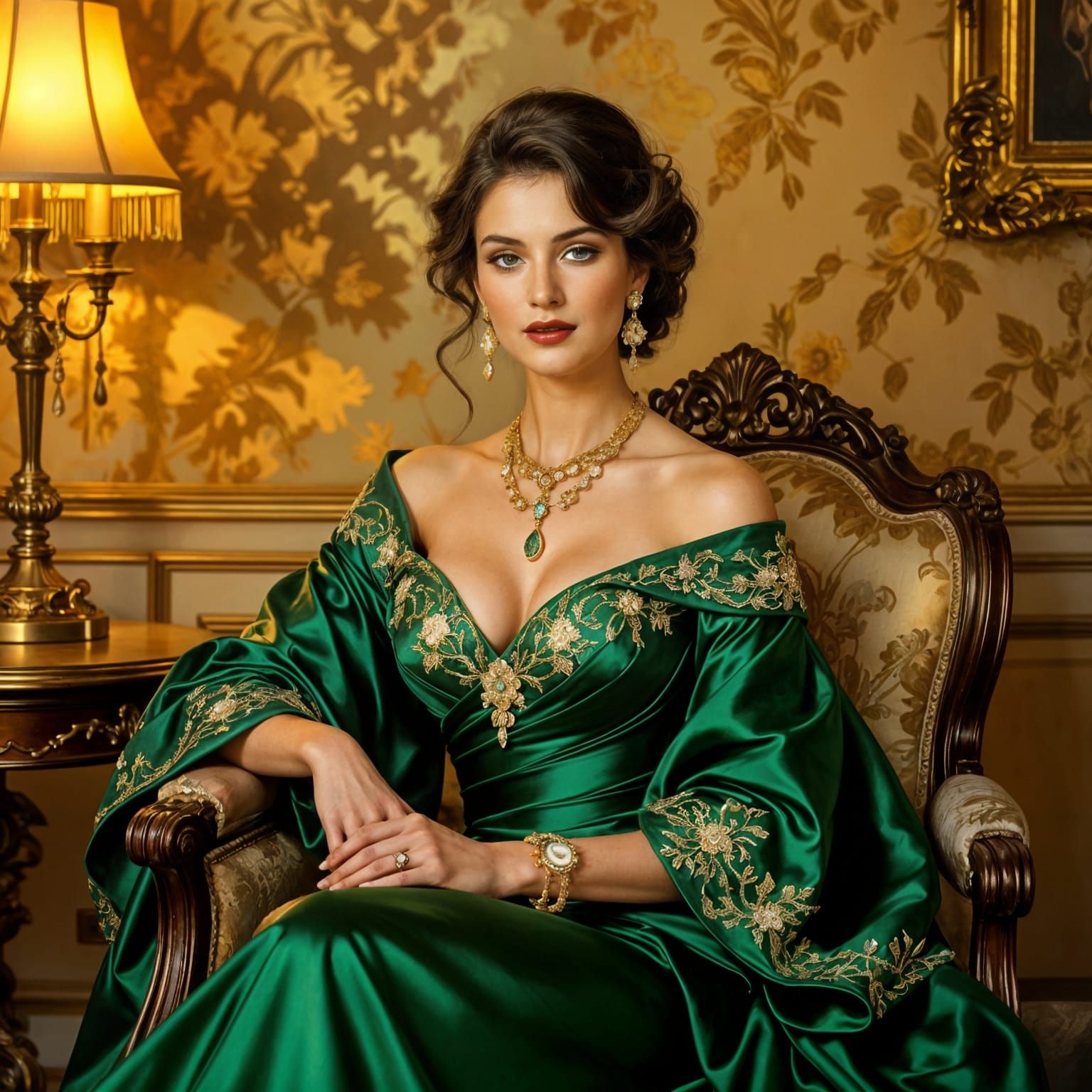 Elegant Woman in Emerald Gown: Sargent Portrait
