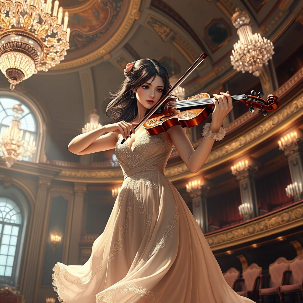 Elegant Woman Performs in a Grand Concert Hall