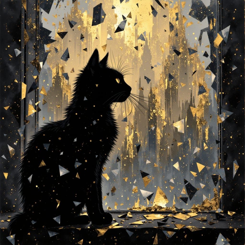 Feline Silhouette on Shattered Glass, Gothic Dreamscape