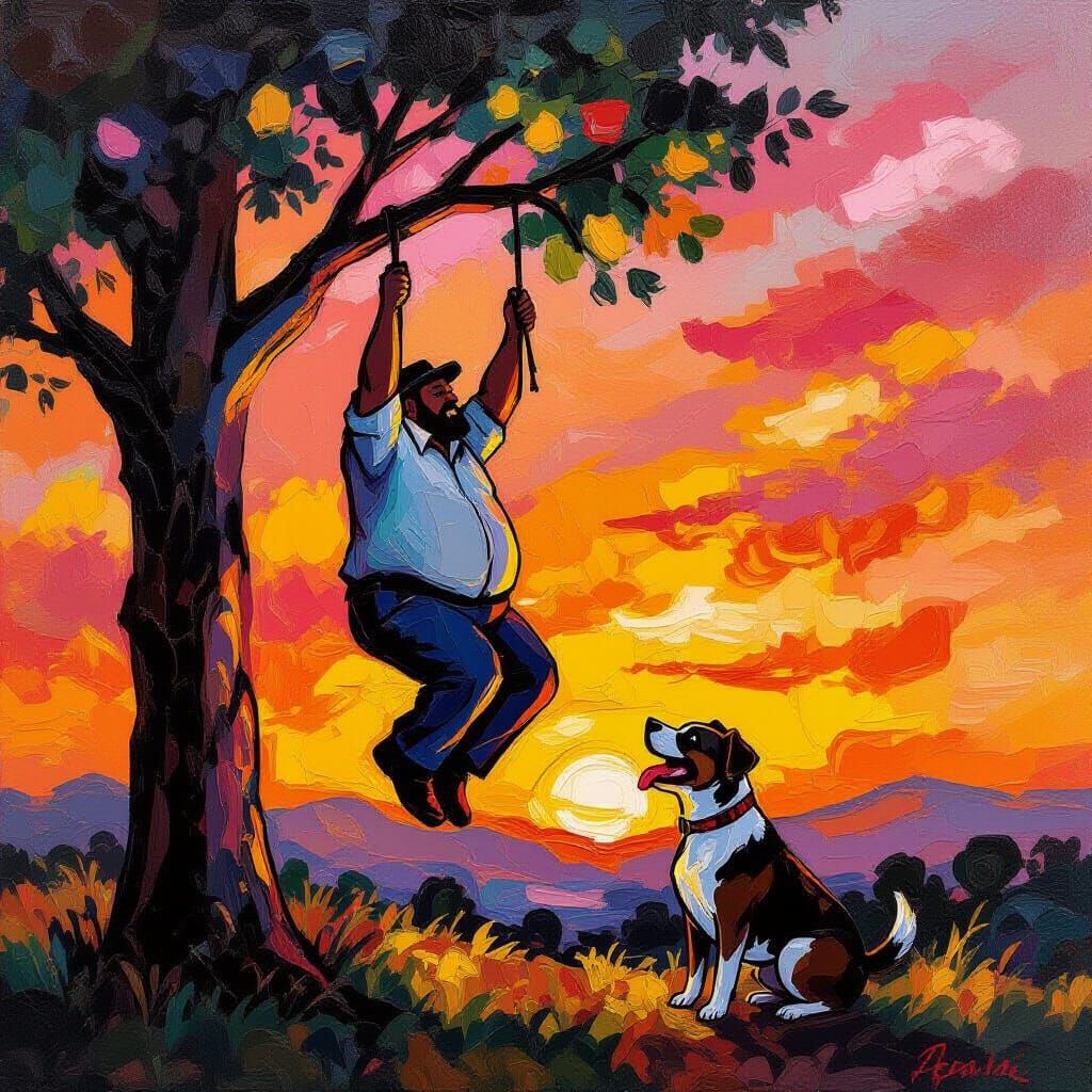 Man Hanging from Tree with Dog at Sunset