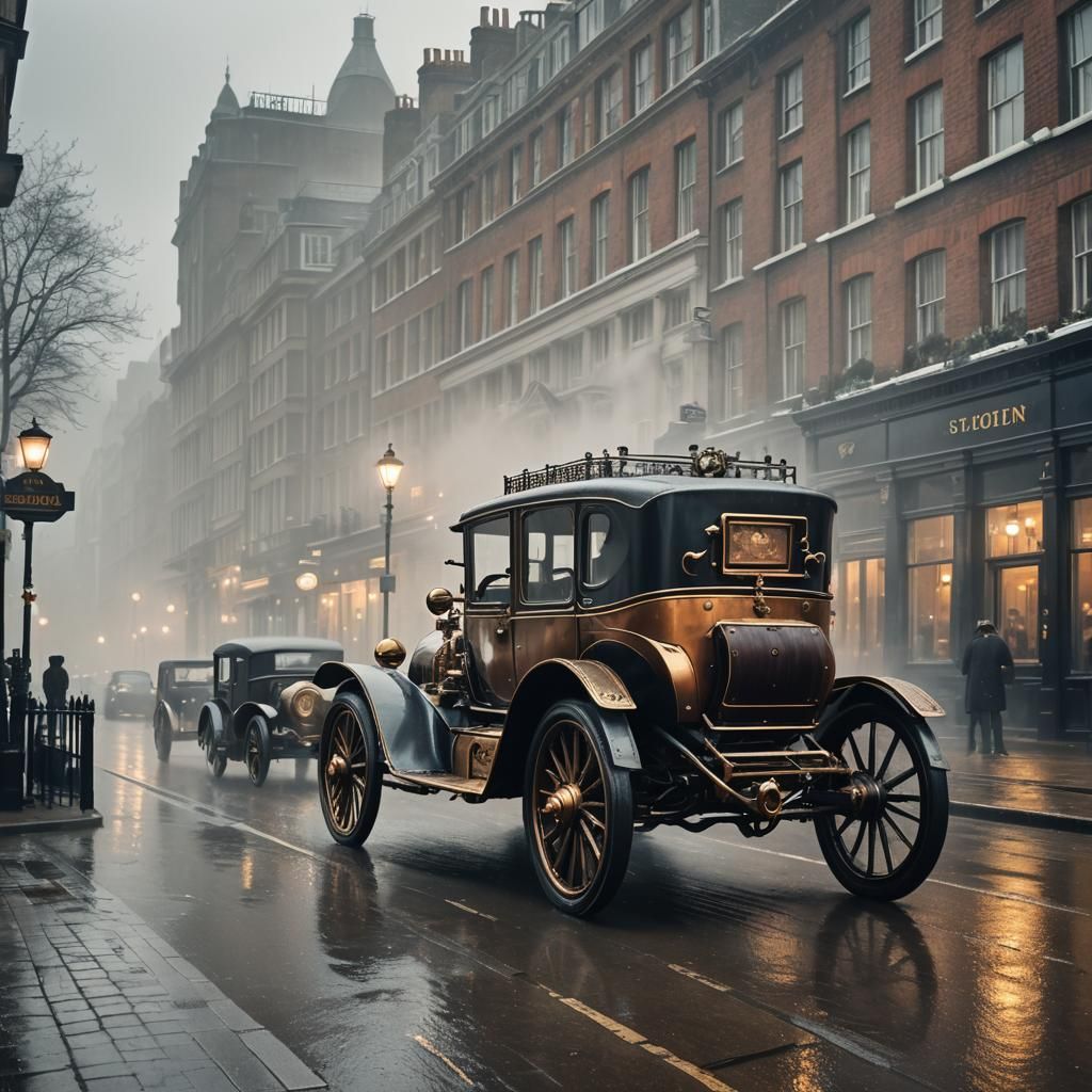 Steampunk Car in Victorian London Winter Scene