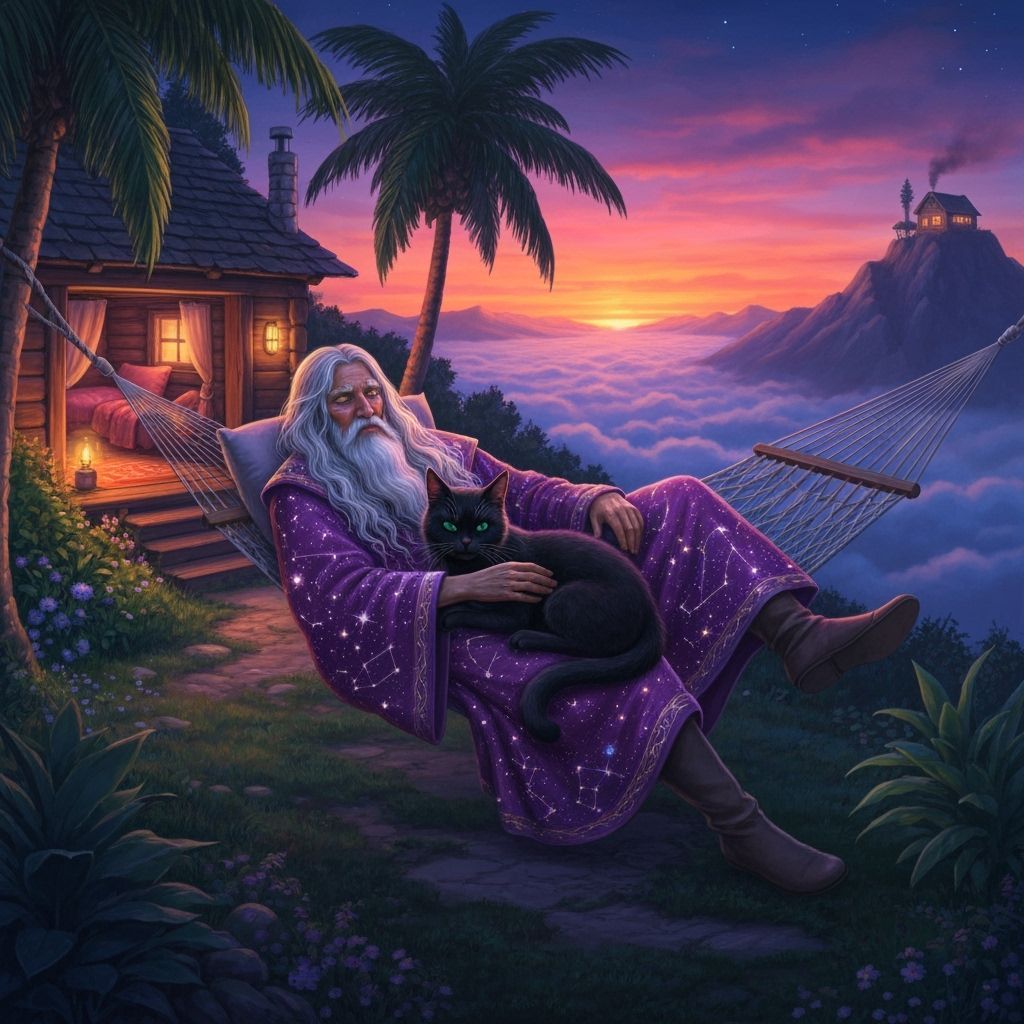 Wizard and Cat Relaxing at Mountain Retreat