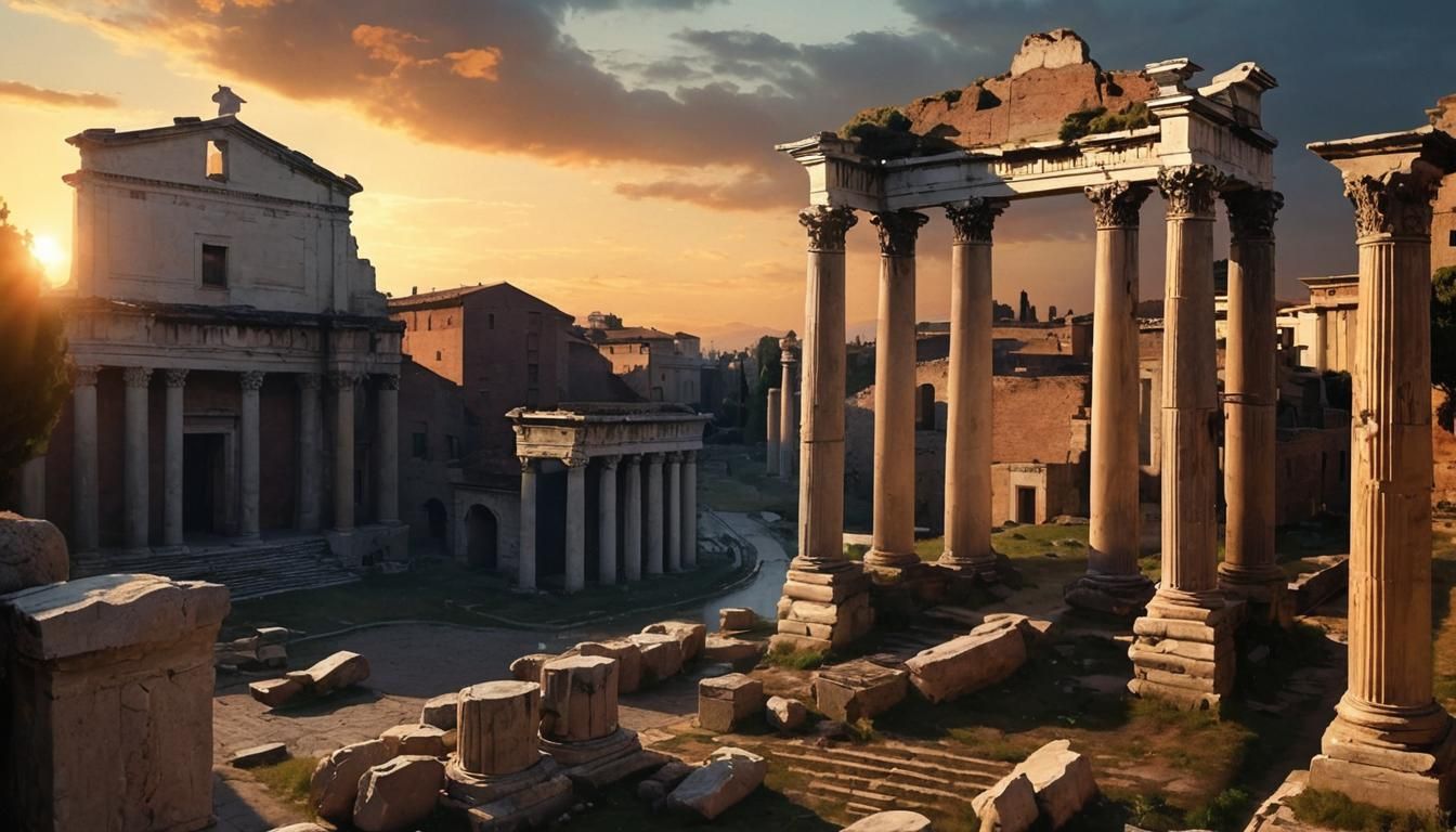 Ancient Cityscape Ruins at Sunset