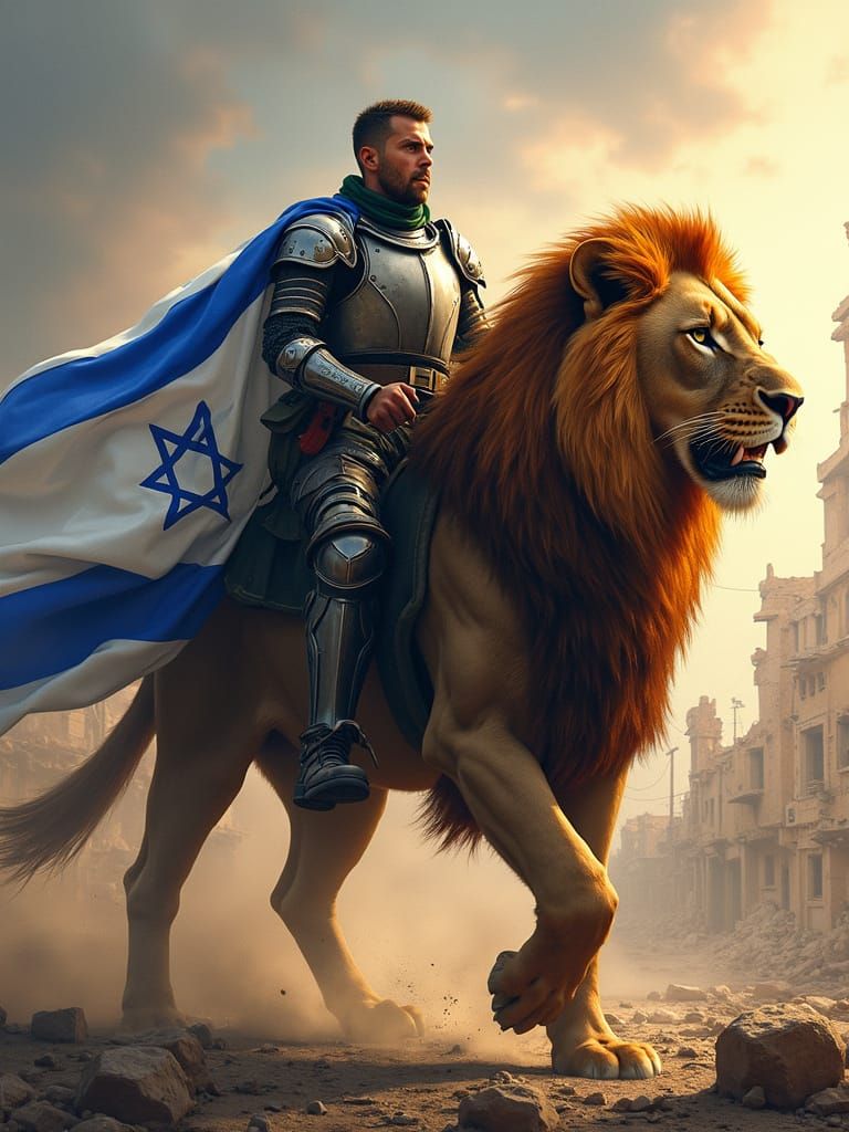 Israeli Soldier Rides Lion in Devastated Gaza, Wrapped in Fl...