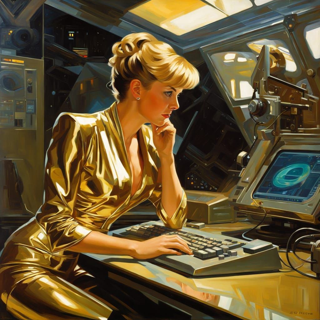 Woman in Lab: Impressionistic Retro Sci-Fi Oil Painting