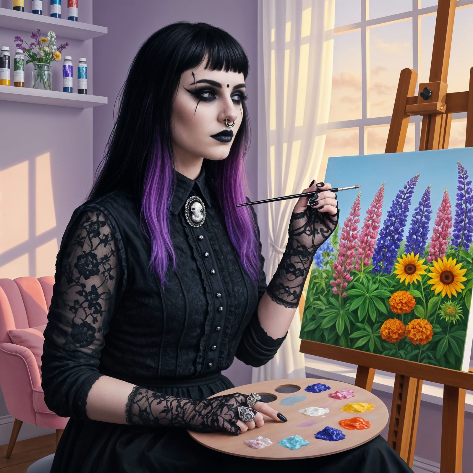 Gothic Artist Concentrates on Vibrant Painting