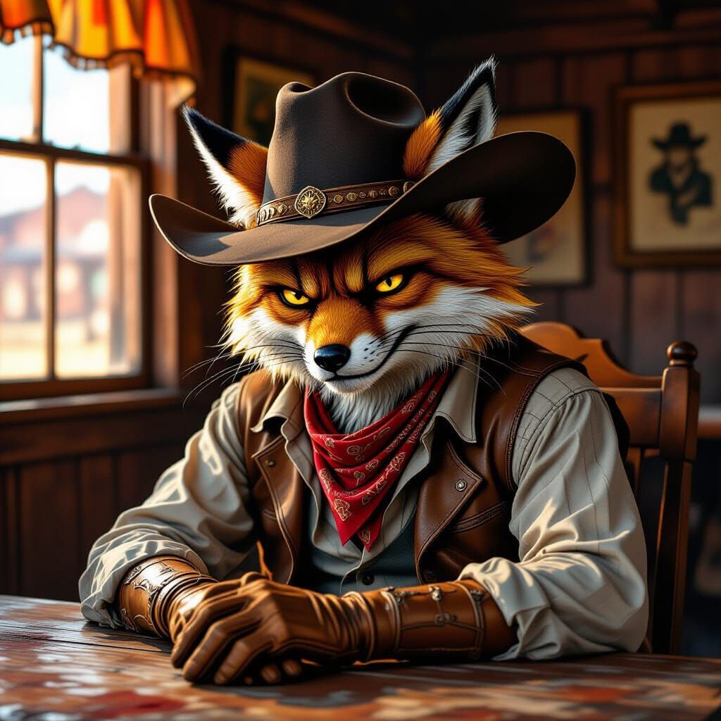 Kitsune Cowboy in Old West Saloon, Renaissance Painting