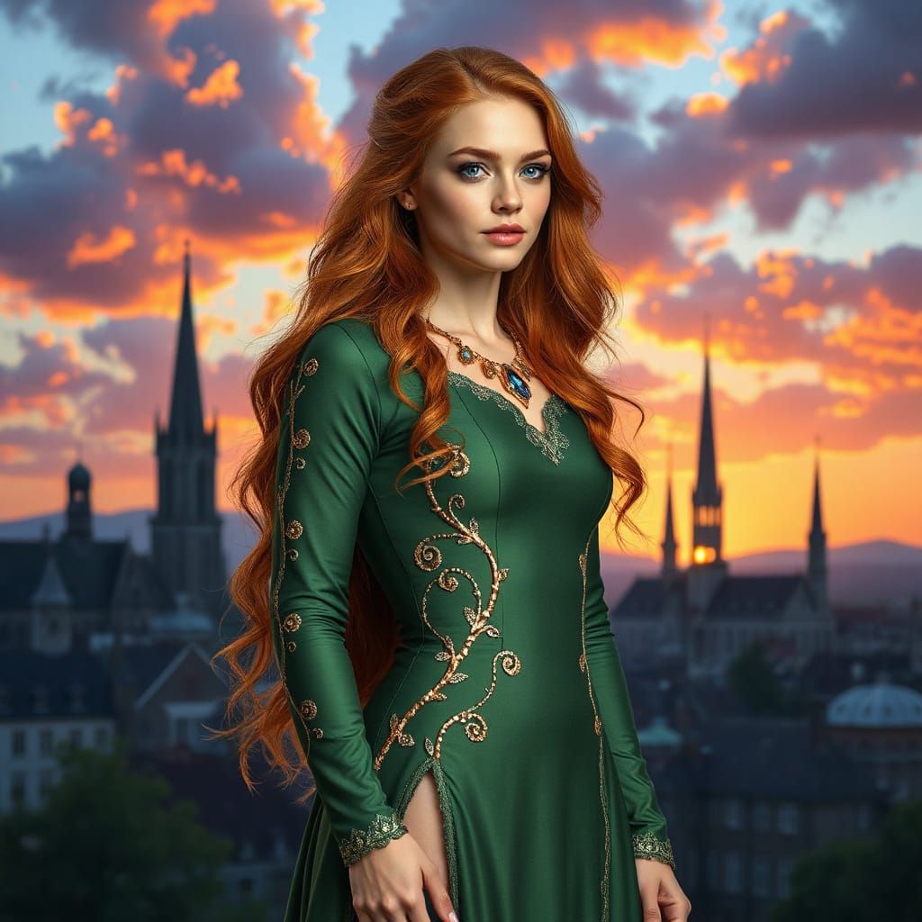 Surreal Elven Princess in Sunset Cityscape with Golden Embro...