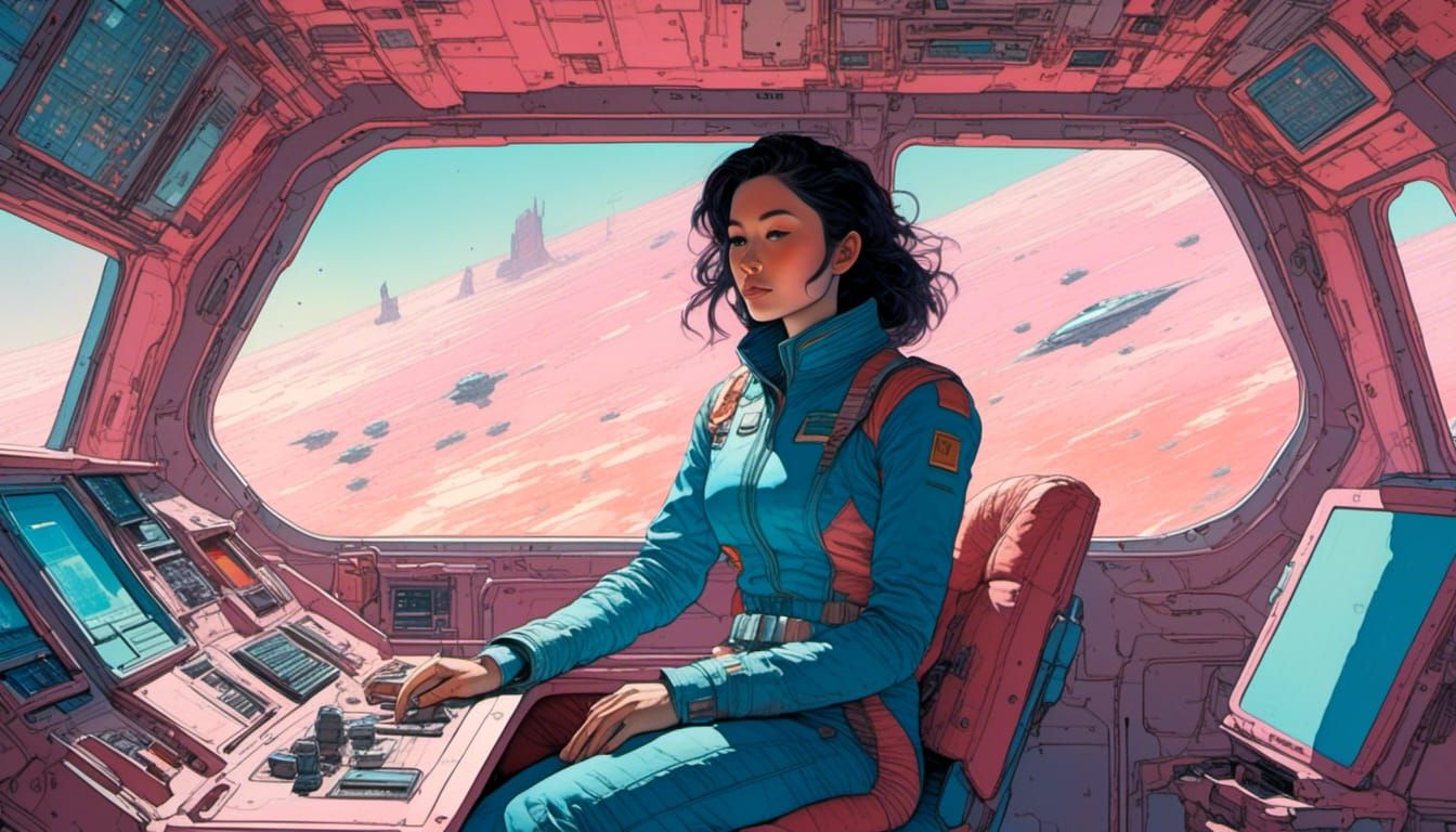 Retro Sci-Fi Korean Woman in Starship Bridge