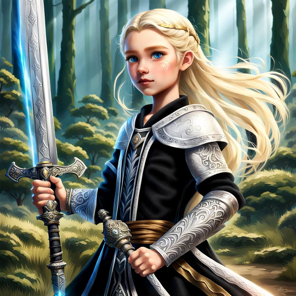 Realistic 12-Year-Old Girl with Magical Sword