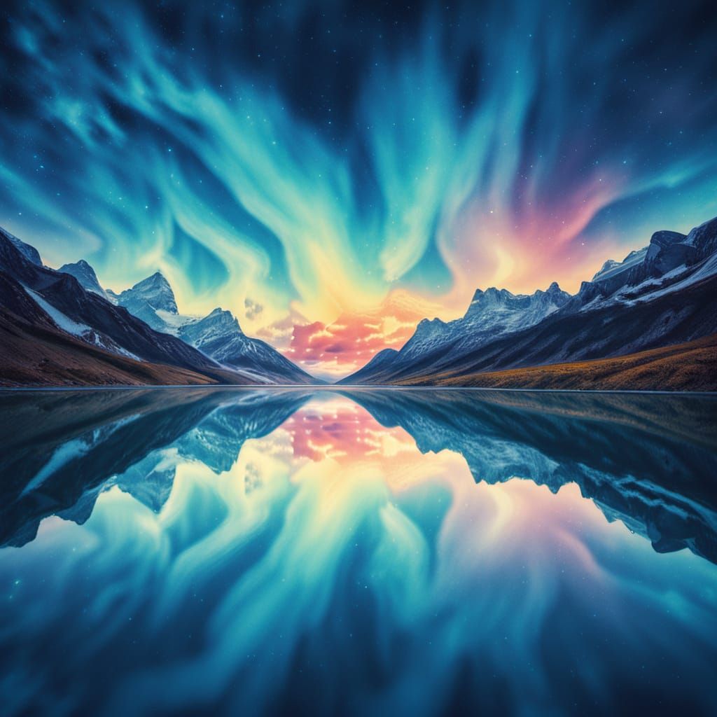 Cosmic Valley Aurora Reflection in Surreal Style