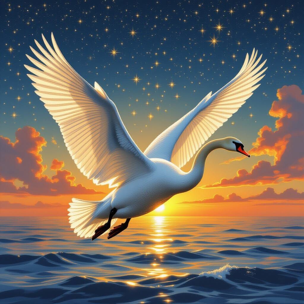 Swan Soaring Over Starlit Sea in Romantic Style