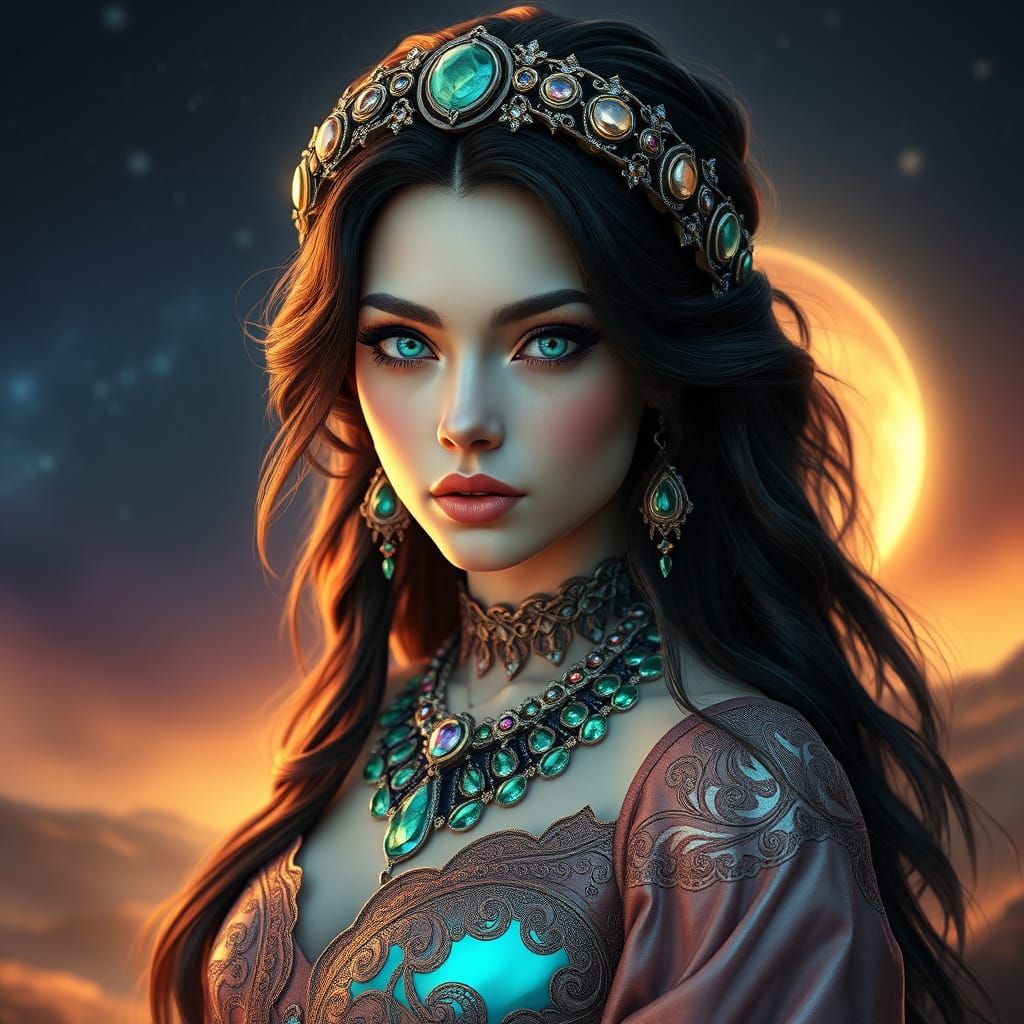 Ethereal Goddess in Iridescent Gown Amidst Celestial Landsca...