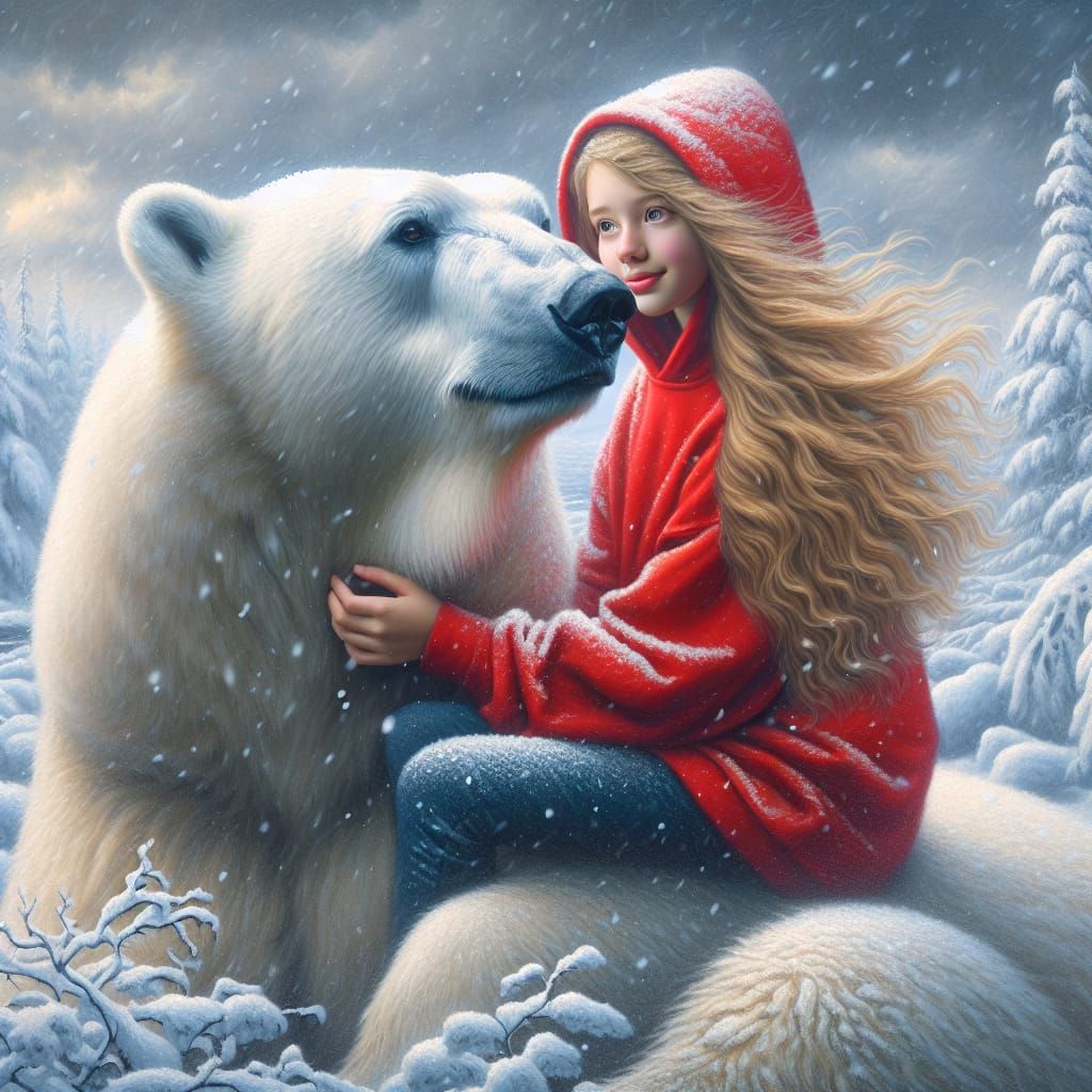 Polar Bear and Girl in Snowy Landscape