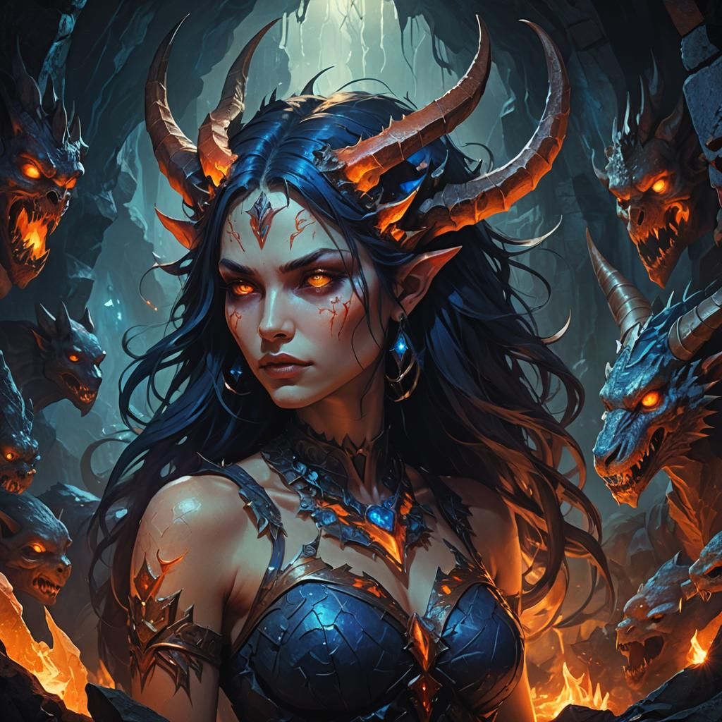 Lilith Surrounded by Demons in Mystical Cavern