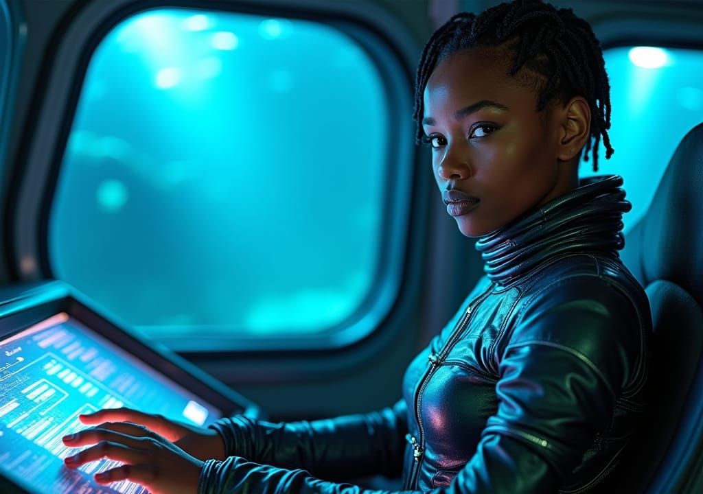Woman Pilot in Futuristic Submersible, Sci-Fi Art