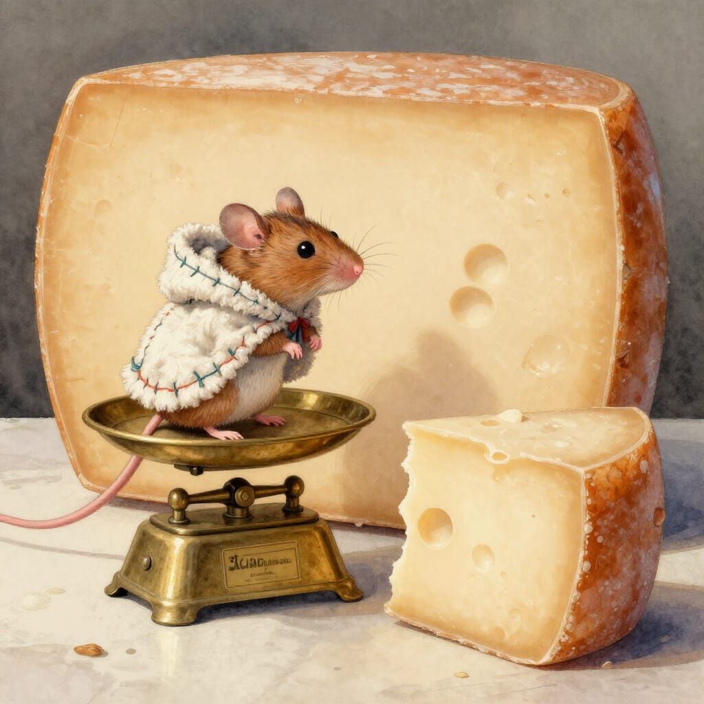 Tiny Mouse Contemplates Cheese on Vintage Scale