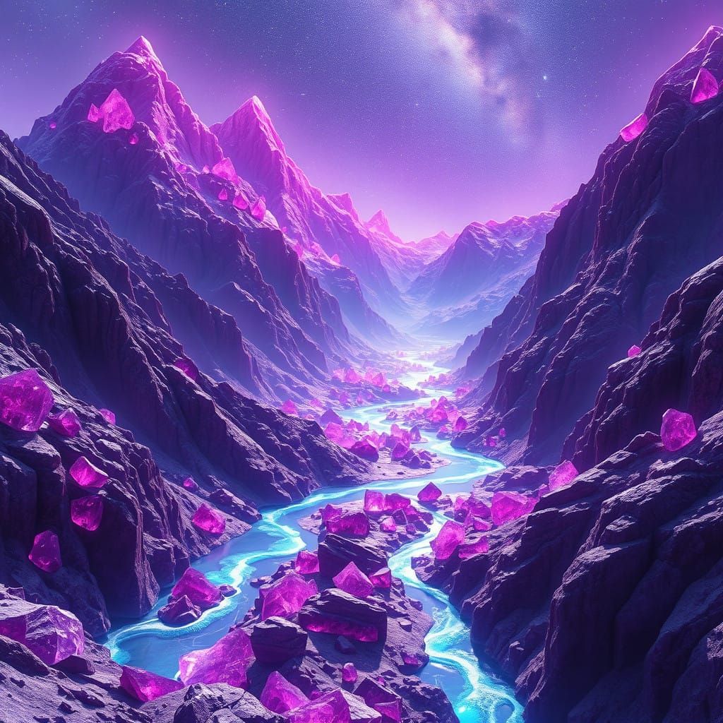 Luminous Amethyst Mountain Range in Surreal, Celestial Lands...