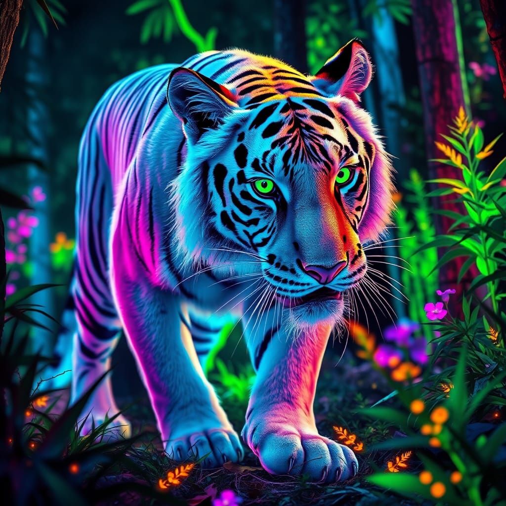 White Tiger in Fluorescent Cyberpunk Forest