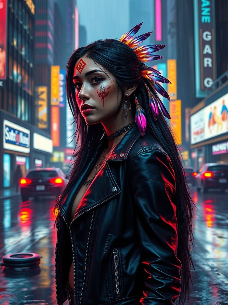 Native American Woman in Cyberpunk Cityscape