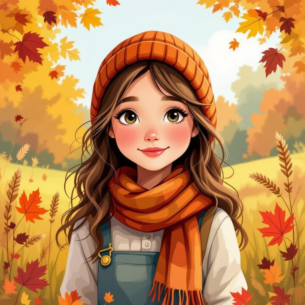 Girl with Loving Autumn Face in Idyllic Setting