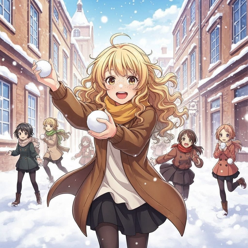 Manga Style Girls Play Snowball Fight in Old City