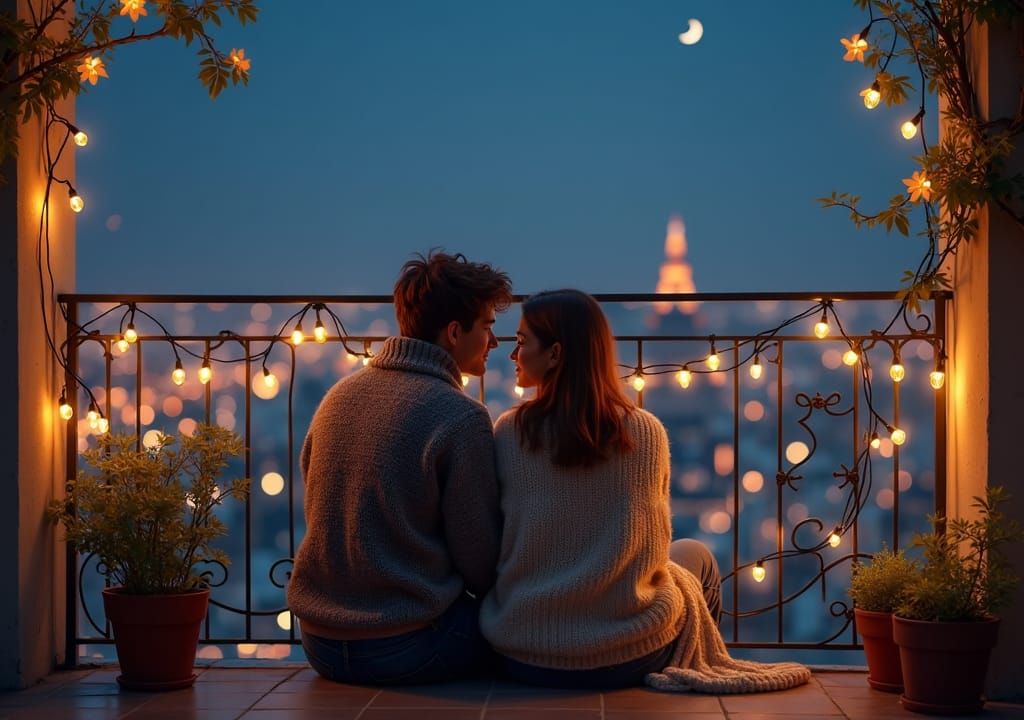 Cozy Couple on Balcony Overlooking City at Night