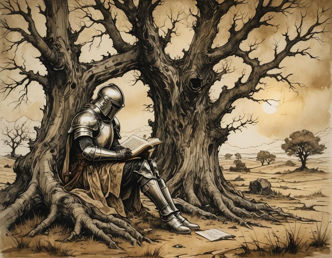 Knight Reading Book Under Ancient Tree