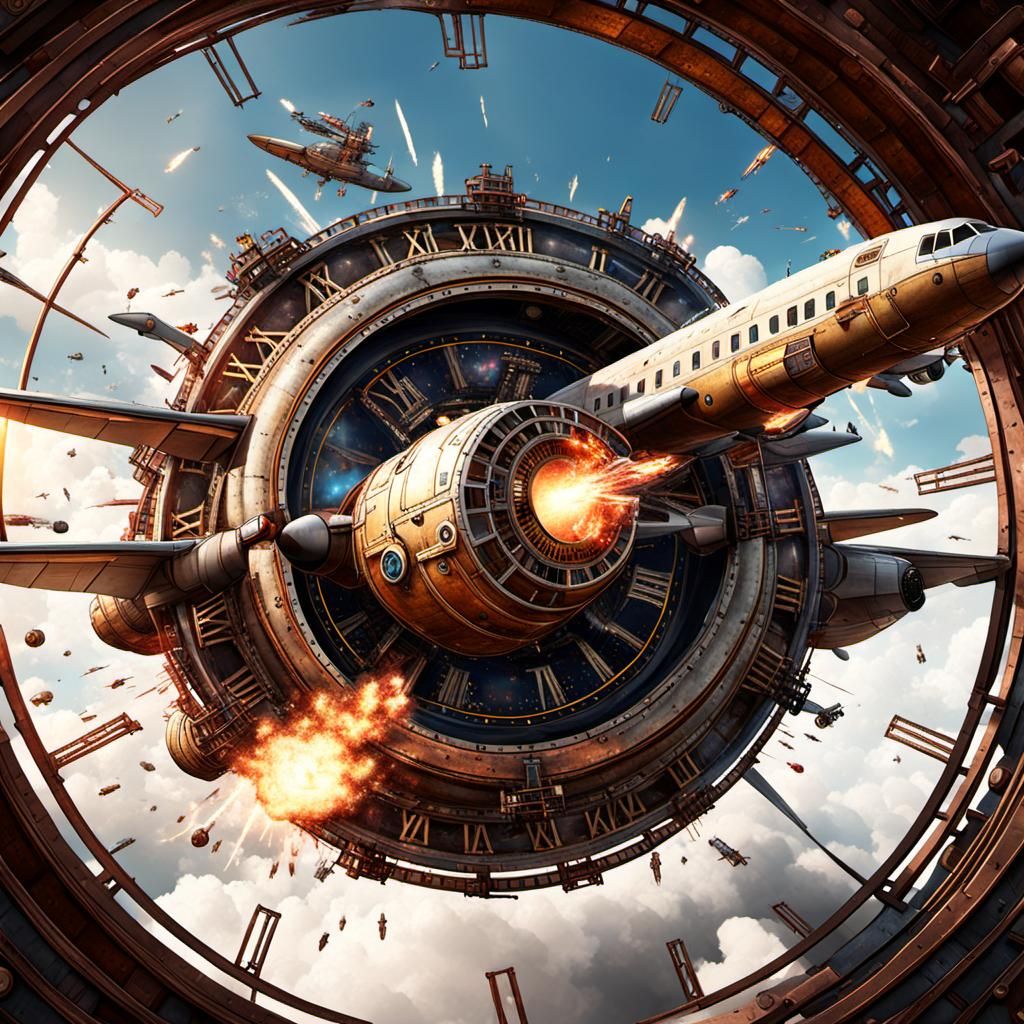 Aircraft Exploding in Steampunk Time Portal