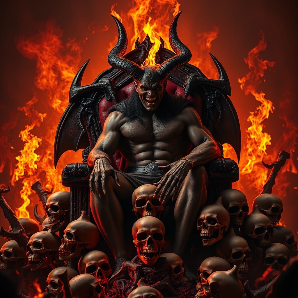 Dark, demonic, horror masterpiece of Satan setting on a thro...