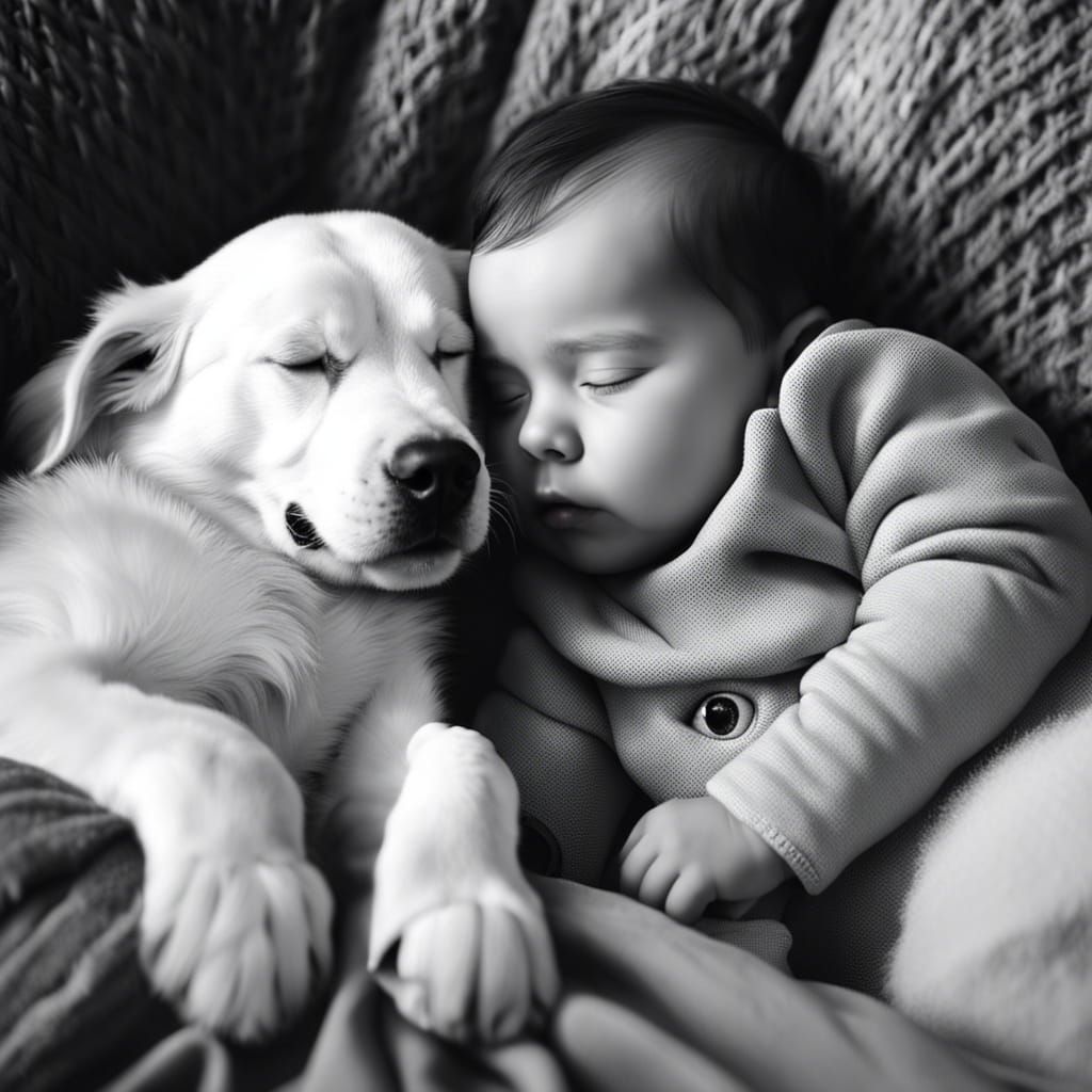 Sleeping Baby and Dog in Black and White