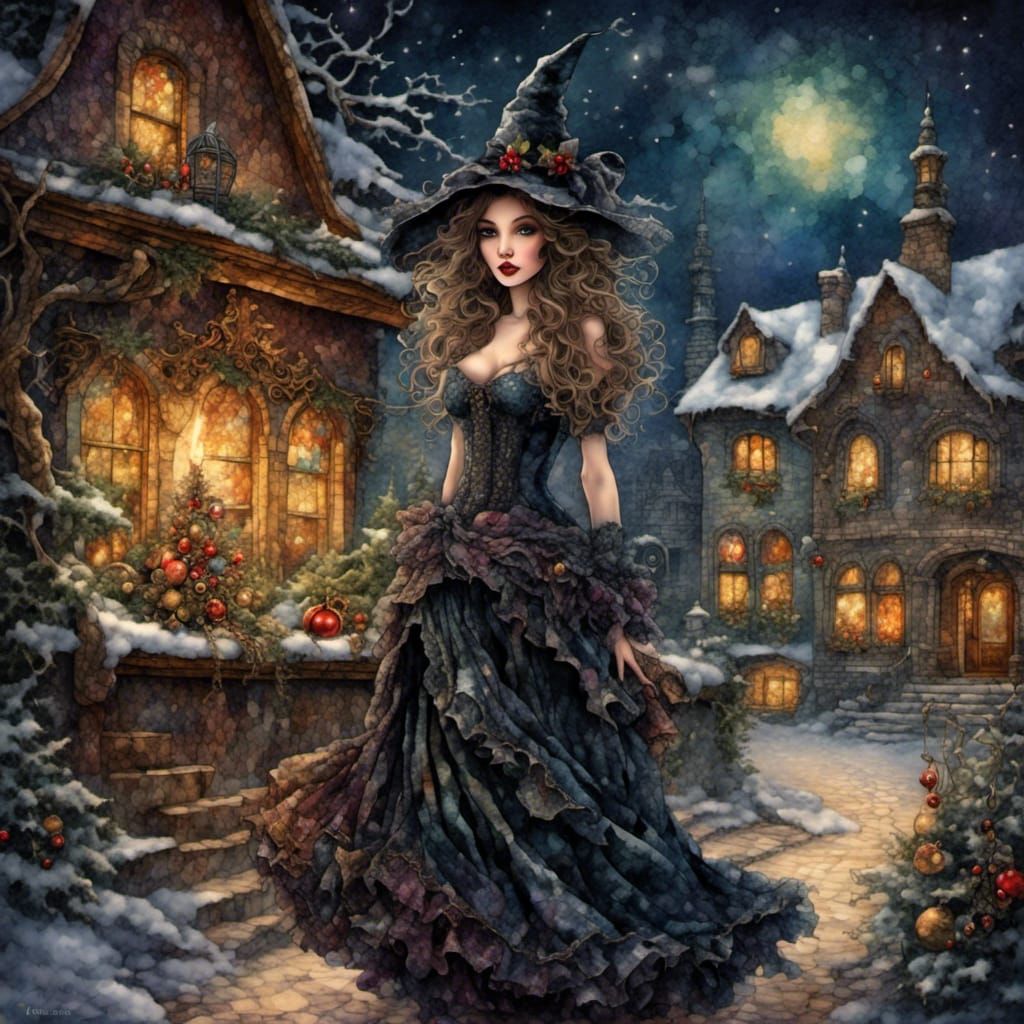 beautiful gothic christmas witch <lora:Tapestry:1.0>