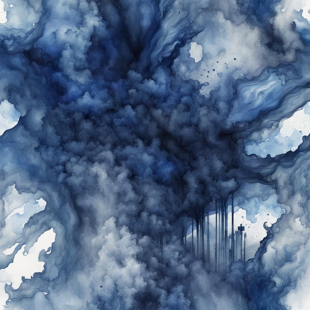 Abstract Blue Monochromatic Watercolor Digital Matte Paintin...