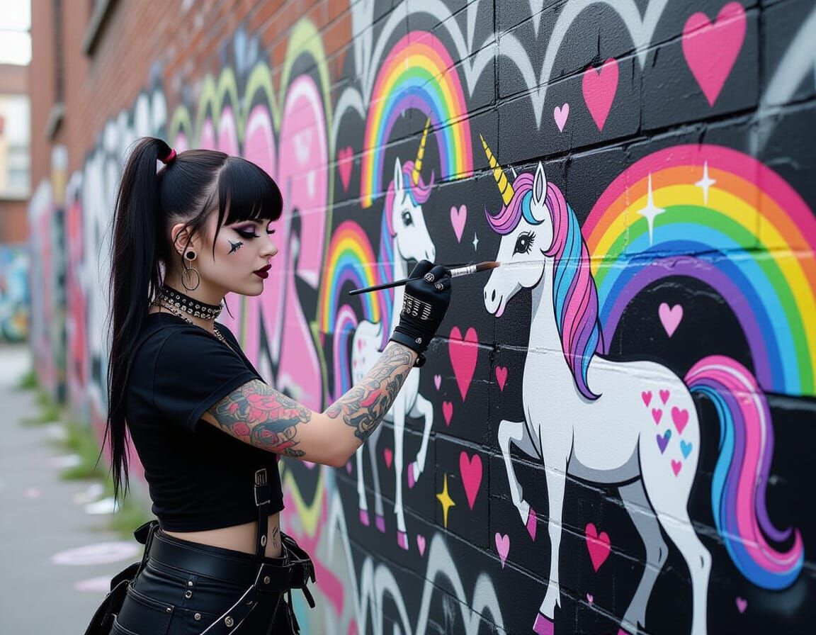 Goth Girl Bomb Painting Unicorns and Hearts on Alley Wall