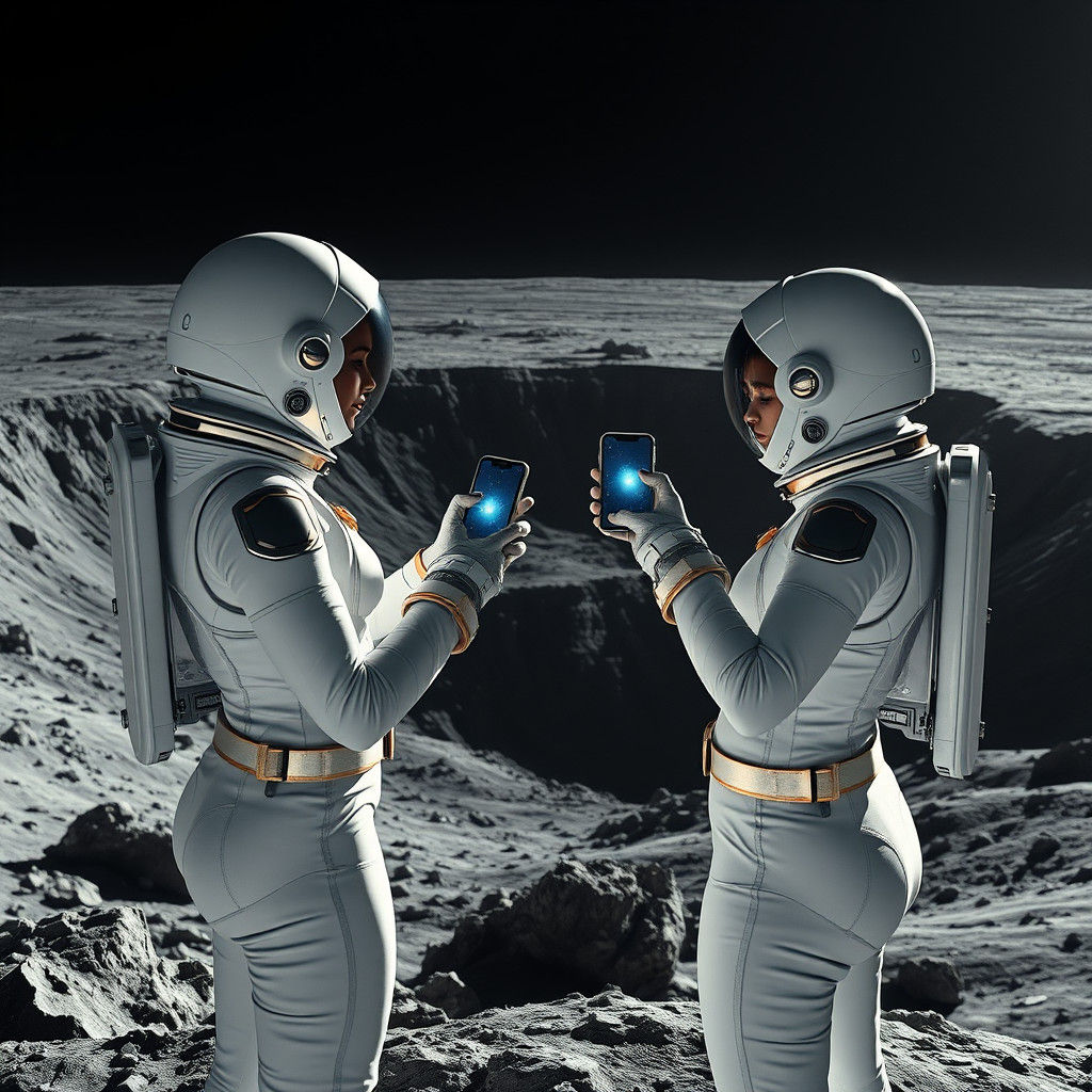 Astronauts Photograph Lunar Crater in Futuristic Style