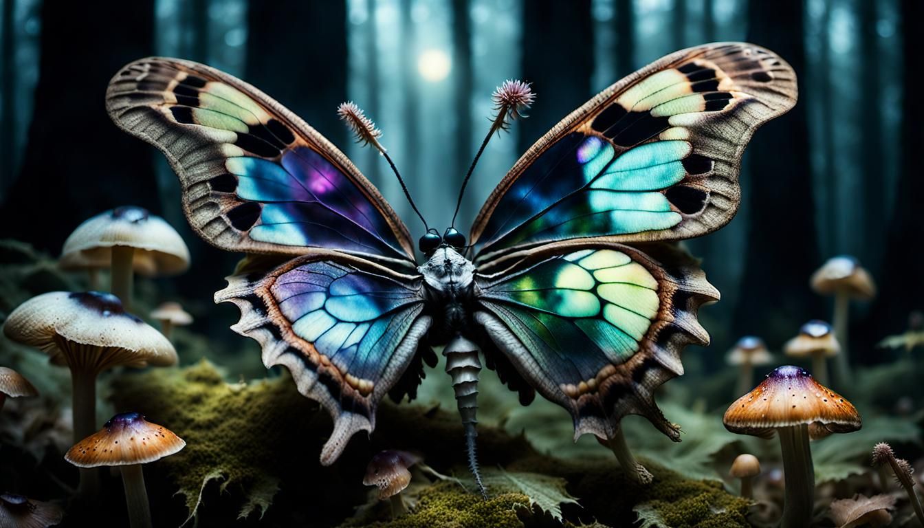 Surreal Anthropomorphic Butterfly Feasting in Dreamlike Fore...