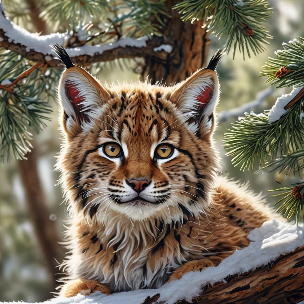 Fluffy Lynx Cub in Winter Snow: Hyperrealistic Close-Up