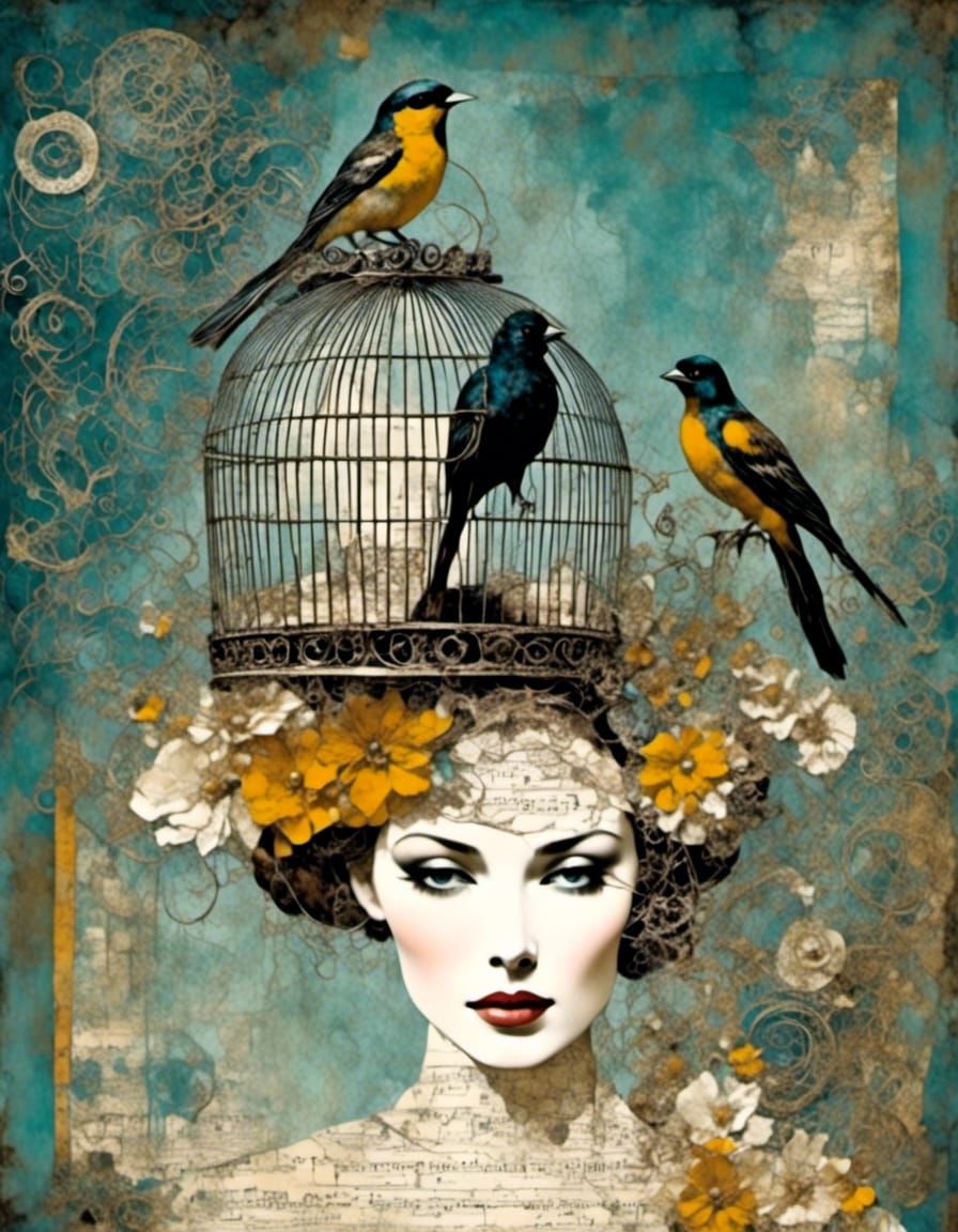 Elegant Woman with Bird Cage Hat Mixed Media Collage