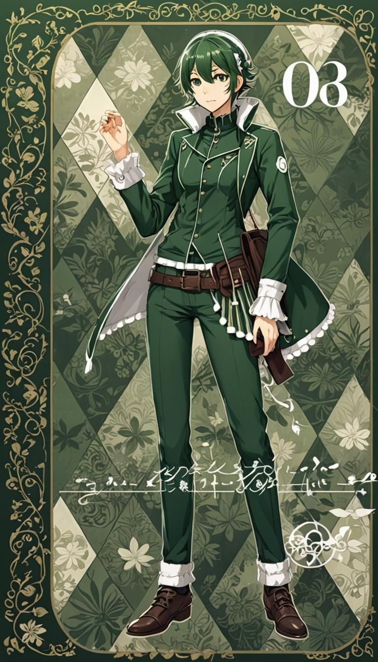 Dark Green Outfit with White Trimmings in Anime Style