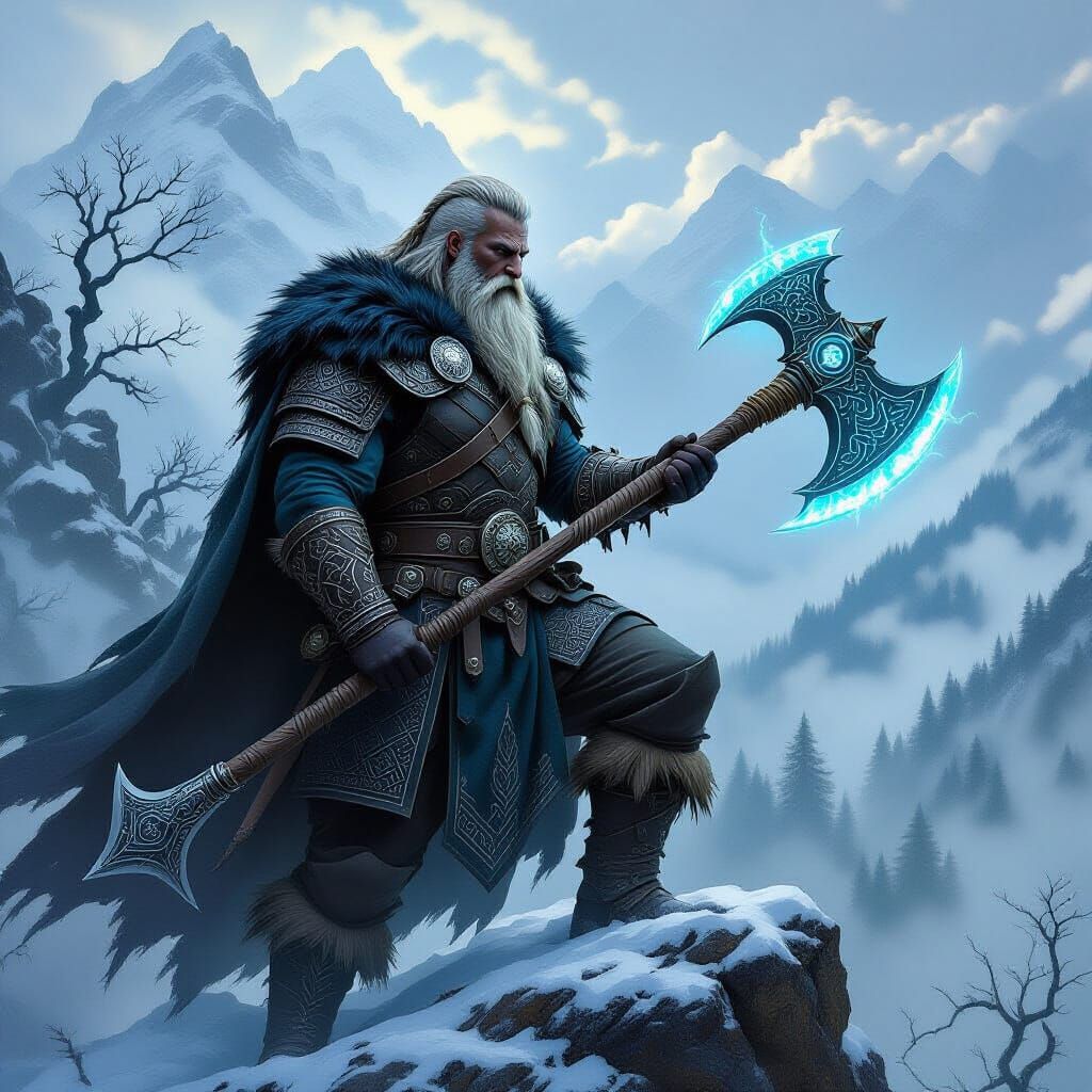 Viking Warrior on Mountain Peak in Dark Fantasy Style
