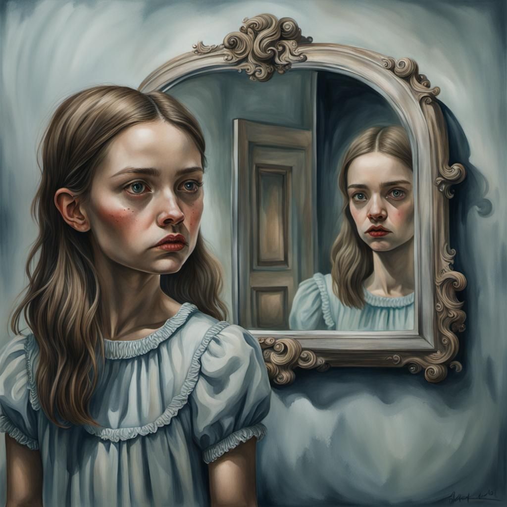 Girl Gazing in Mirror, Surreal Watercolor Portrait