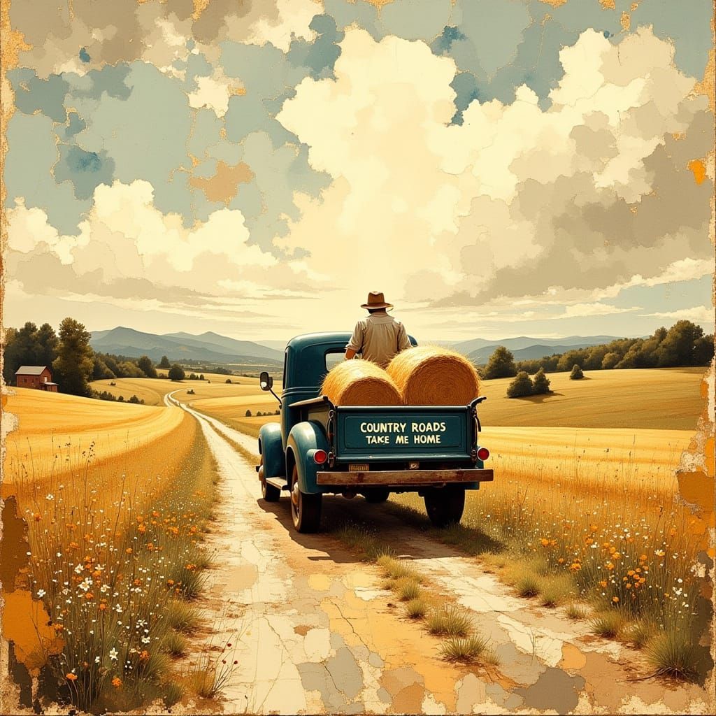 Vintage Truck on Country Road in Watercolor Style