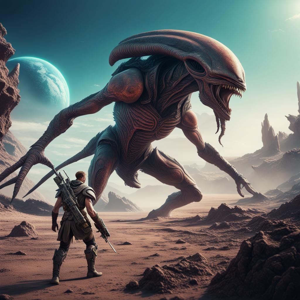 Warrior Hunting Alien Creature on Alien Planet