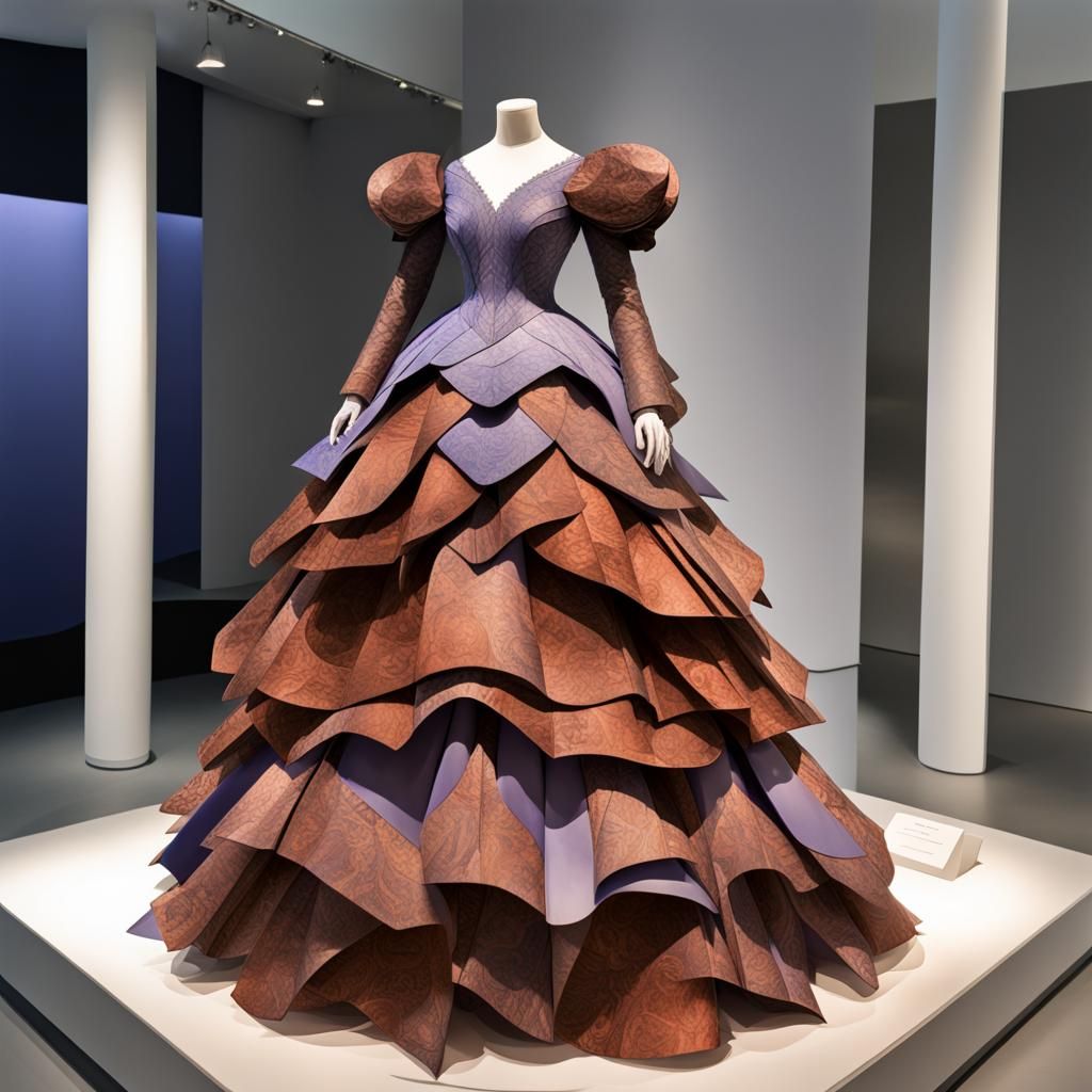 Layered Petal Paper Collage Ballgown on a Display Mannequin, Lavender Periwinkle, Layered Pleated Skirt, V Neck, Long Sl...