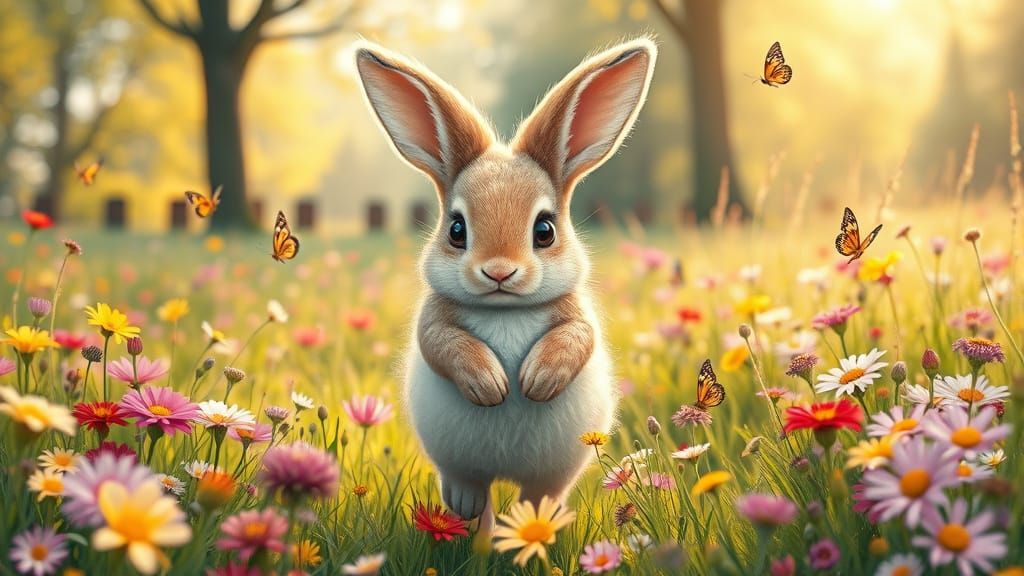 Adorable Bunny in Wildflower Meadow, Illustrative Style