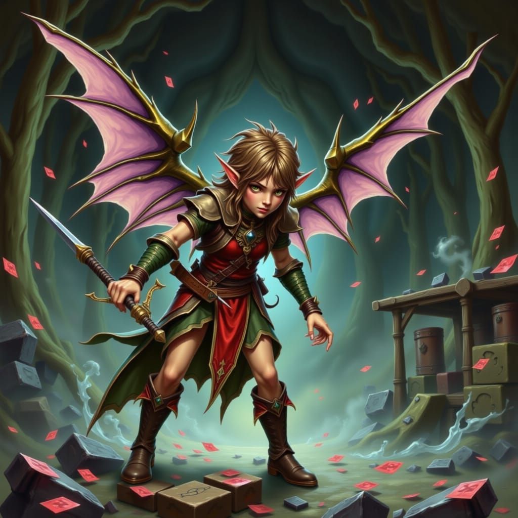 Winged Sprite in Medieval Warehouse as Playing Card